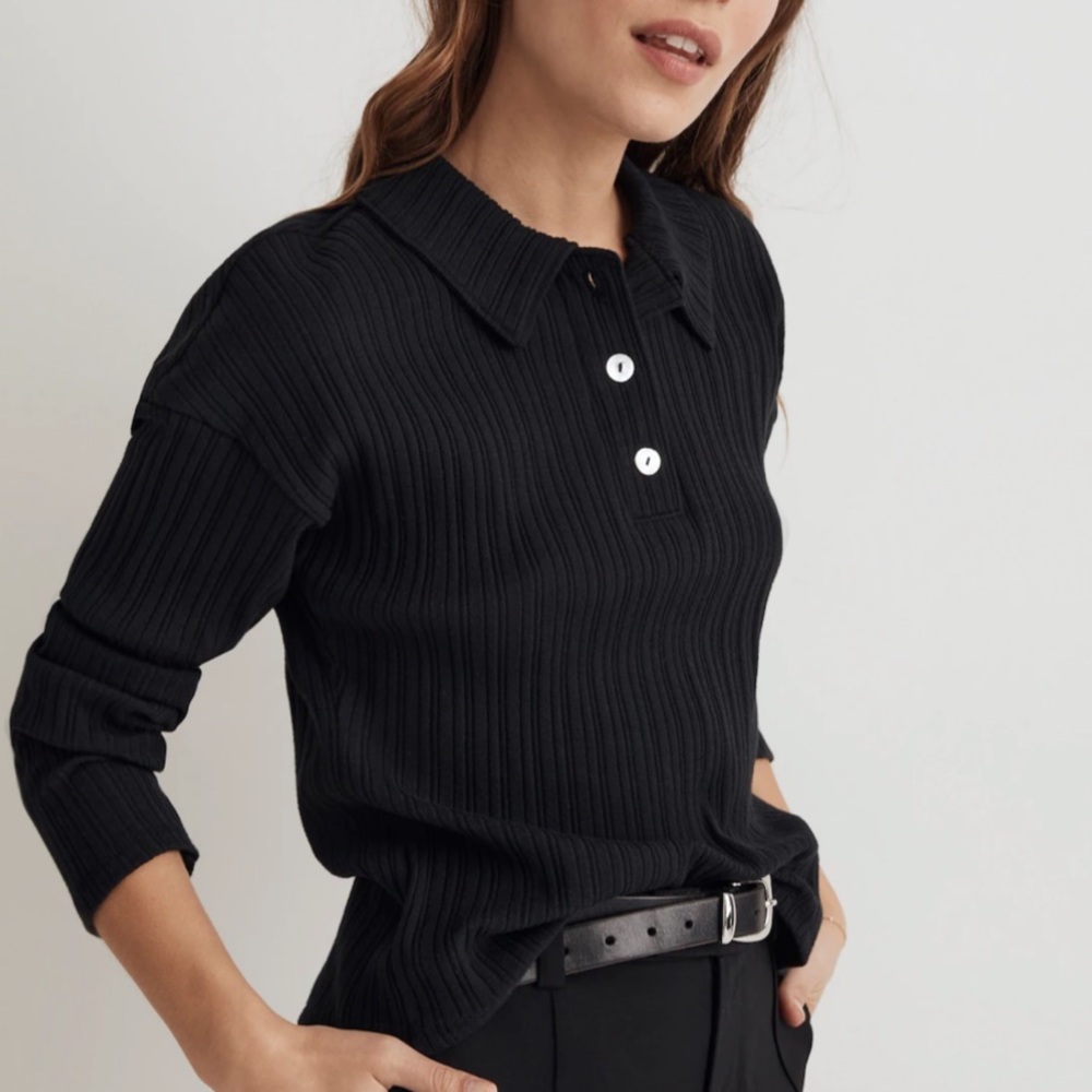 Madewell Variegated Rib Boxy Long Sleeve Polo Shirt V-Neck size L - Picture 4 of 5